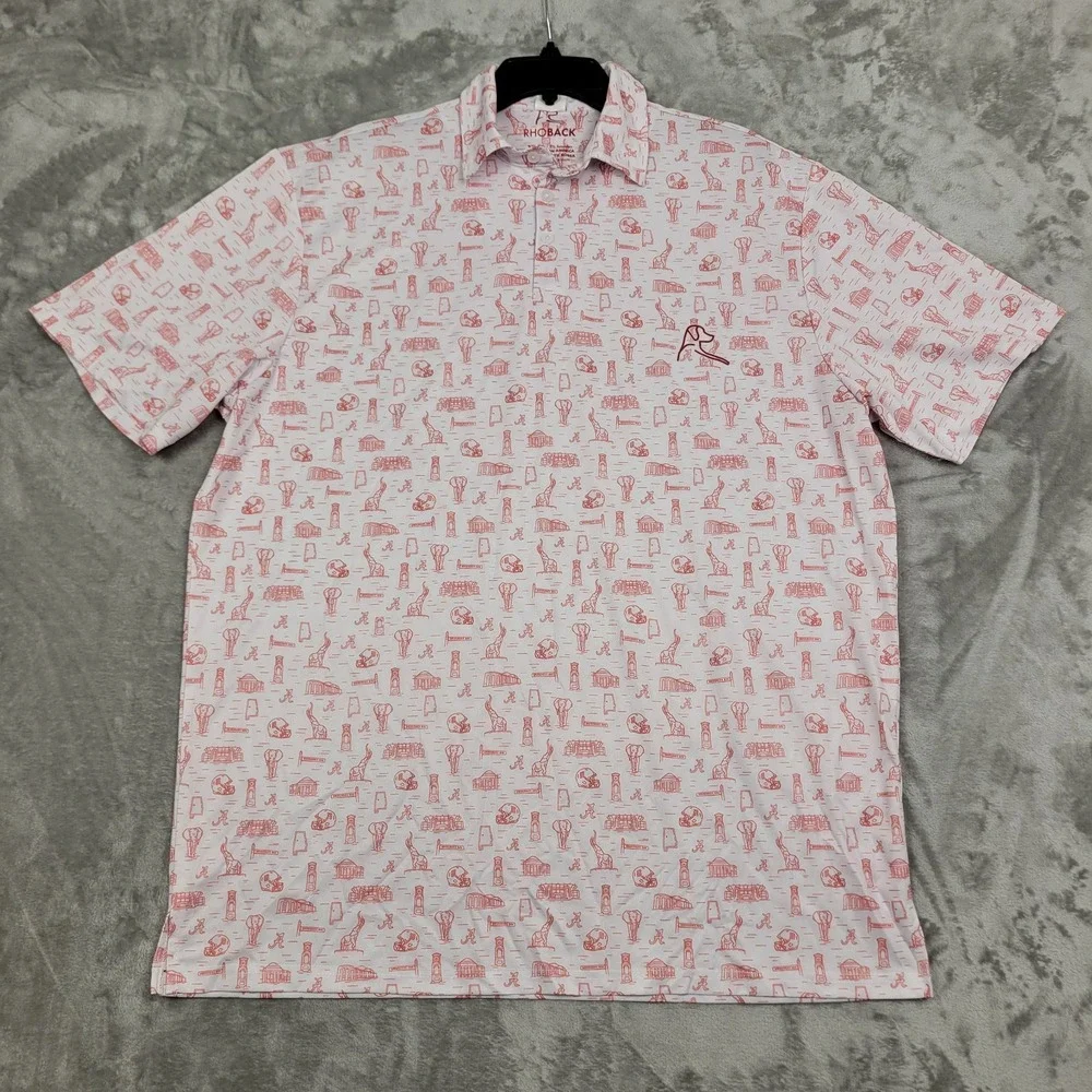 Rhoback Polo Shirt Mens 2XL White Red Sports Print Golf Performance Casual